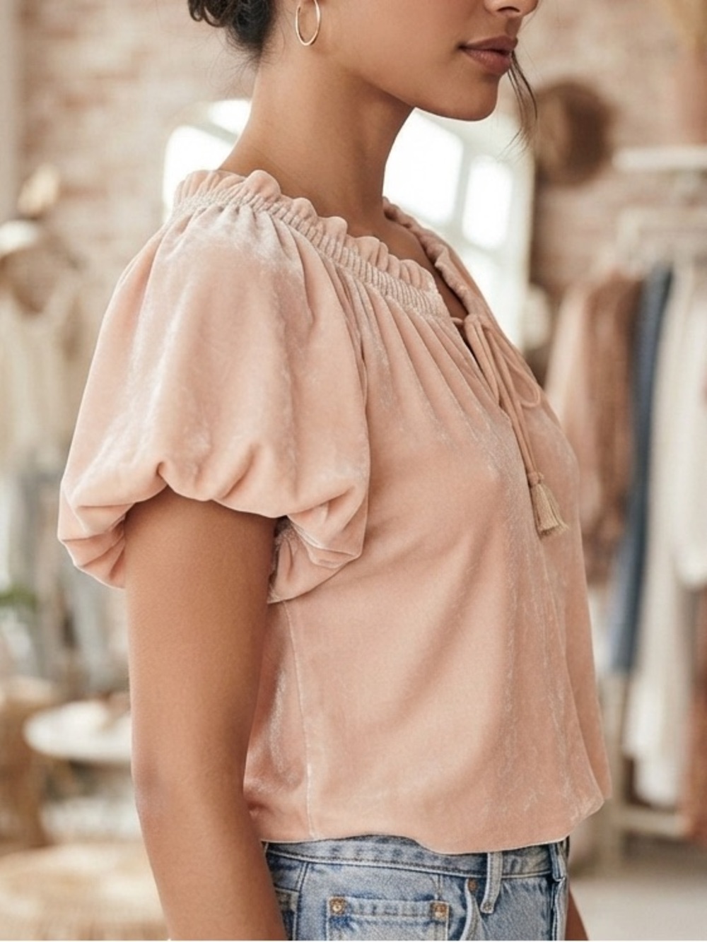 Free People Velvet Puff Sleeve Tie Front Top Blush Pink Size XS - Picture 3 of 16
